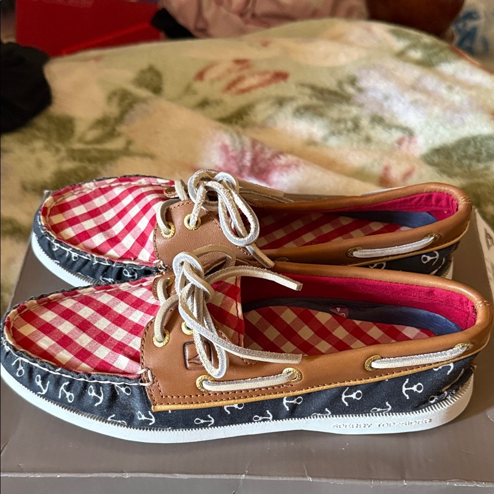 Sperry Brown and Blue Women's Flats with Red Accents